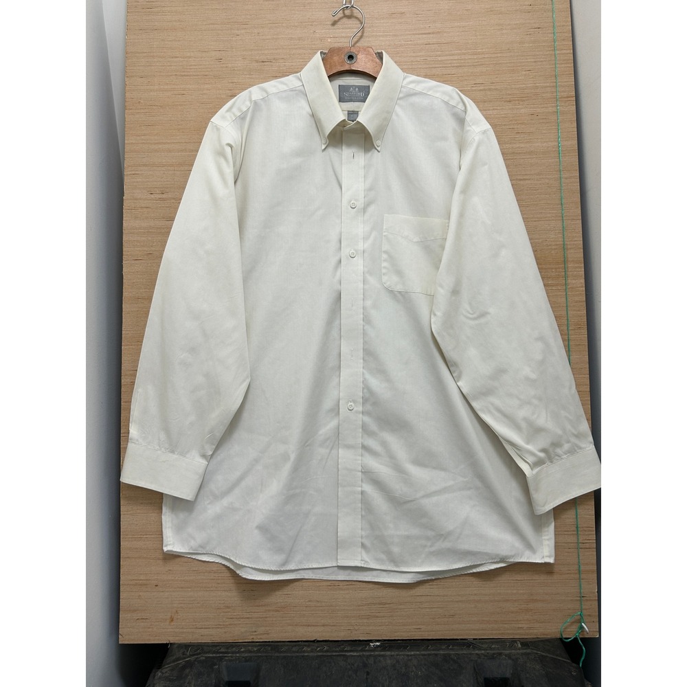 Stafford Executive Mens Wrinkle Free Button Down Dress Shirt Cream 17.5 35